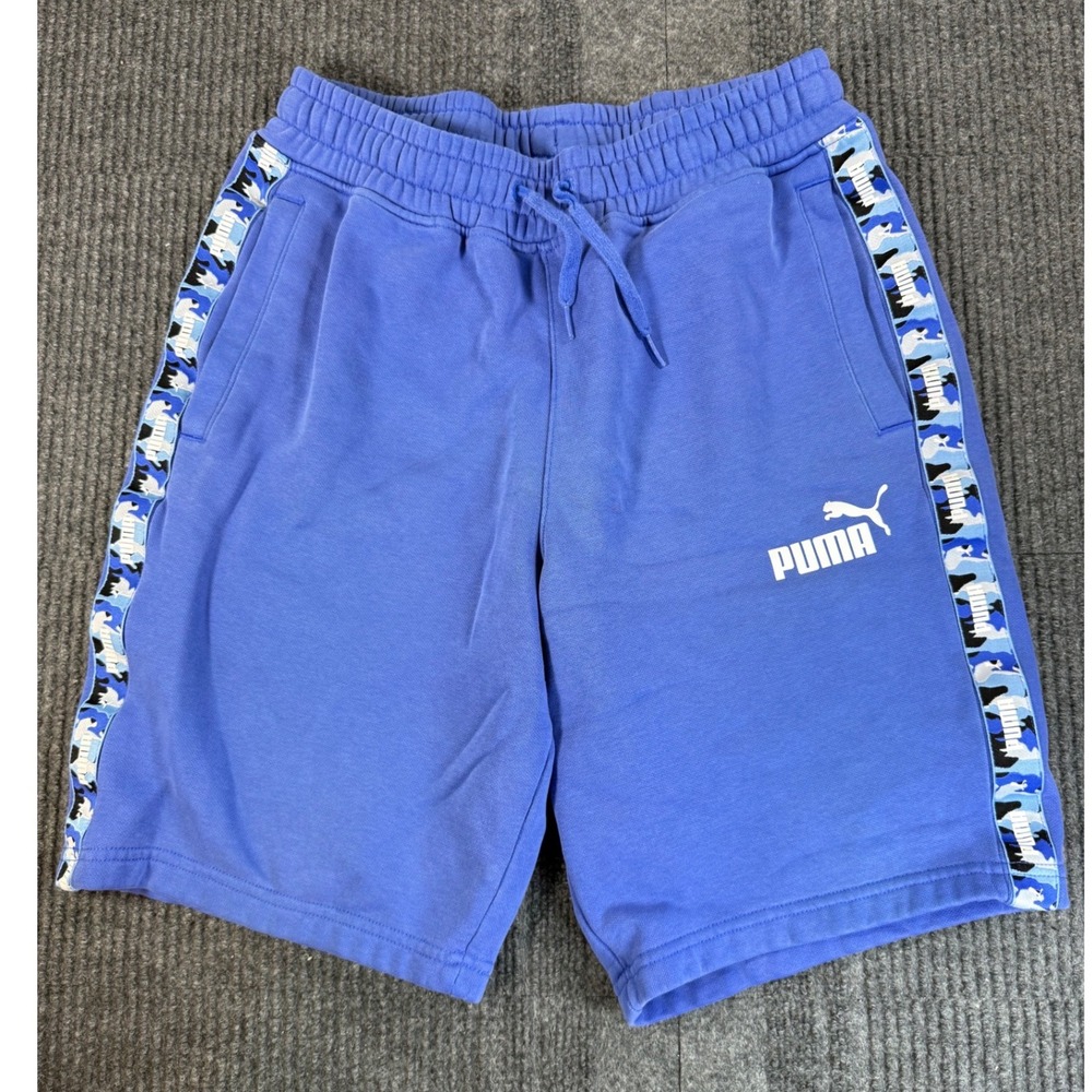 Puma Mens Blue Camo Side Tape Logo Sweat Shorts Elastic Waist Drawstring Small